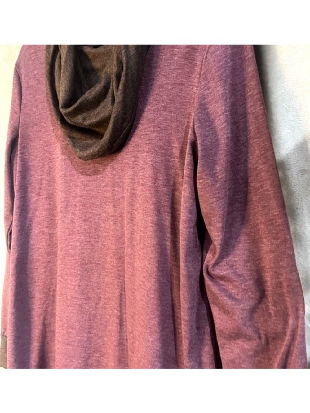 Women's Cowl Neck Scarf Pullover Blouse Turtleneck Burgundy Elbow Patches Tunic - Picture 10 of 16